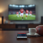 Televisão exibindo partida de futebol ao vivo com smartphone mostrando tabela de jogos e horários sobre mesa de centro