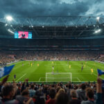 Estádio lotado na Inglaterra durante partida decisiva de futebol com placar eletrônico exibindo a classificação