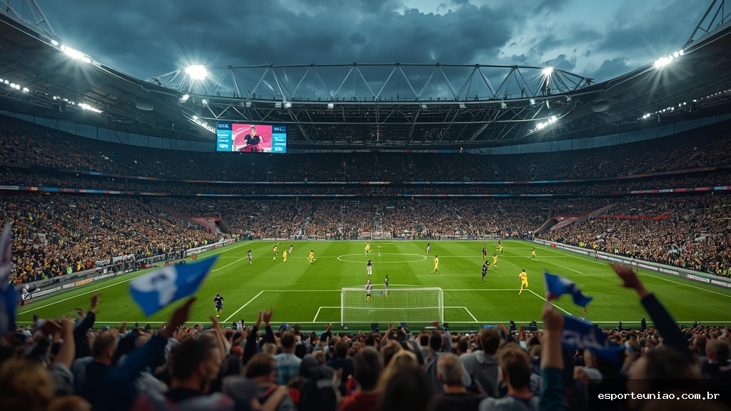 Estádio lotado na Inglaterra durante partida decisiva de futebol com placar eletrônico exibindo a classificação
